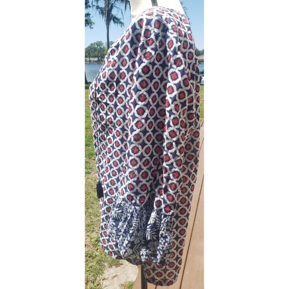 Tommy Bahama Geo Floral Tunic Blouse Cotton Split Neck Medium Tie Tassels Blue - Picture 3 of 16